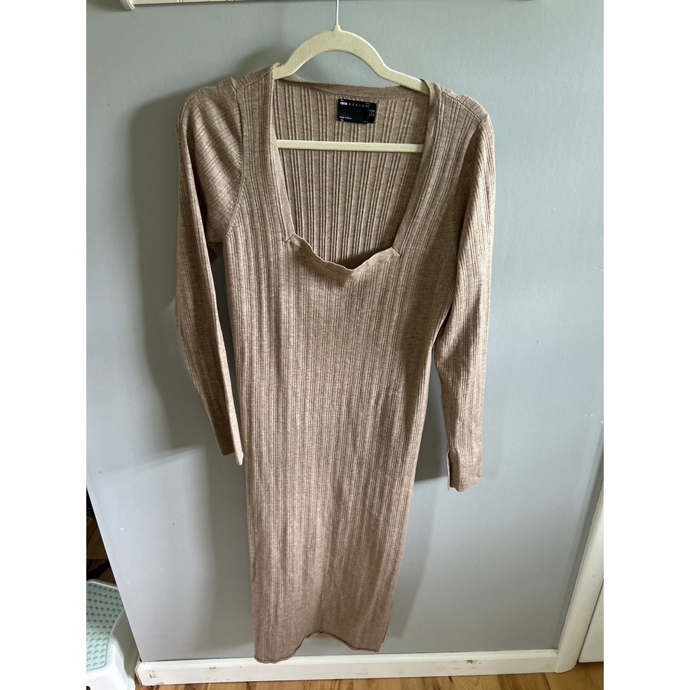 ASOS Womens Ribbed Knit Midi Dress Tan Taupe Square Neck Long Sleeve US 10 - Picture 2 of 3